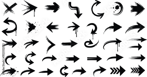 Grunge brush stroke arrows vector illustration set. Hand drawn ink style navigation icons collection. Directional symbols for design projects.