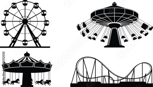 Amusement park ride silhouettes set, ferris wheel carousel roller coaster swing ride icons isolated on white background vector