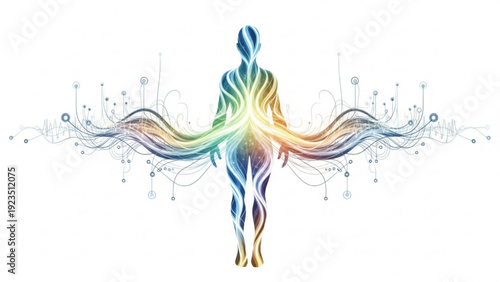 Abstract human silhouette with vibrant flowing energy and organic patterns, representing life force or spiritual energy