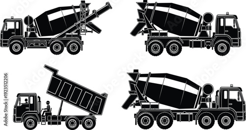 Heavy industrial construction vehicles silhouettes featuring concrete mixer trucks and a dump truck isolated on white background for building industry projects
