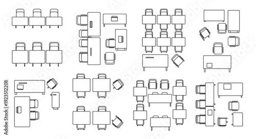 Office floor plan with various furniture arrangements and layouts.