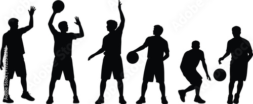 Basketball player silhouette collection with dribbling and shooting poses, black vector illustration isolated on white background design