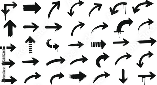 Black grunge arrows vector illustration set. Hand-drawn brush stroke pointers for navigation, infographics, and design elements. A collection of various shapes and styles.