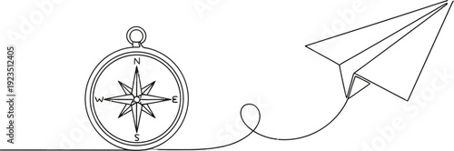 Continuous line drawing of a compass providing direction for a paper airplane's flight path, symbolizing guidance, travel, and new beginnings.
