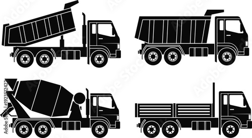 Collection of heavy construction truck silhouettes including dump trucks concrete mixers and flatbed trucks isolated on white background for industrial design