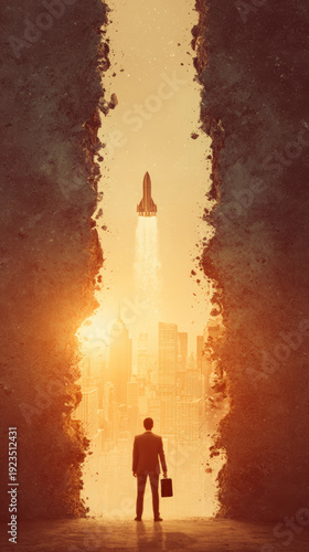 Businessman rocket city success ambition sunrise concept opportunity silhouette future Driven businessman watching rocket launch over golden city