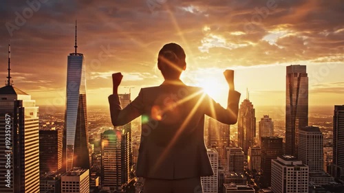 Businesswoman celebrating success with arms raised overlooking a city skyline at sunset