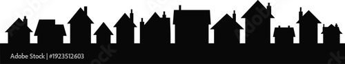 Black house silhouette skyline, suburban neighborhood cityscape vector illustration isolated on white background, residential buildings horizon landscape design