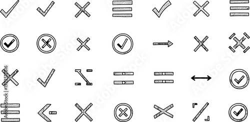 A set of hand-drawn sketchy UI icons including checkmarks, crosses, arrows, and menu symbols for web and app design projects vector illustration.