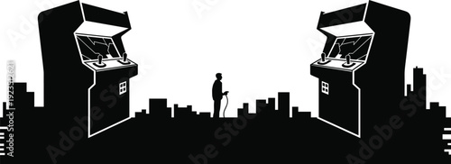 Arcade gaming silhouette illustration, retro video game machines facing player, urban city background, classic entertainment concept, black vector art, isolated design