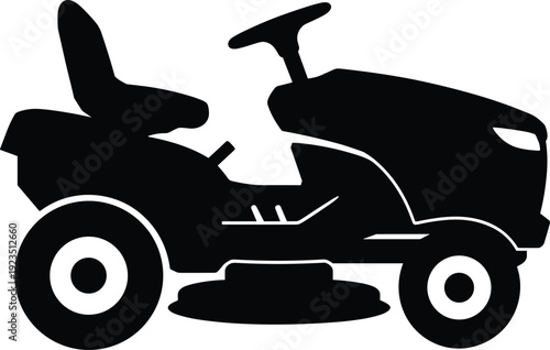 Riding lawn mower silhouette icon, garden tractor machine for landscaping, grass cutting equipment, outdoor maintenance concept, black vector illustration design