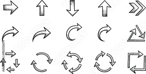 Hand drawn sketchy doodle style arrow icons set vector illustration for navigation, direction, and UI elements, including refresh, reload, and circular flow symbols.
