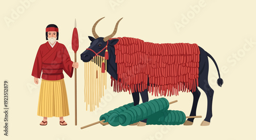 Man with decorated bull.