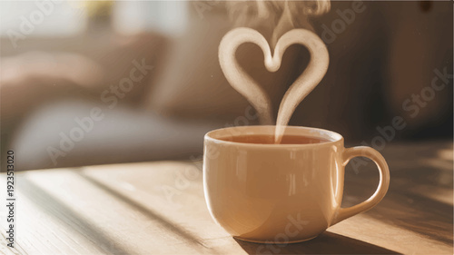 Warm ceramic tea mug with steaming heart shaped vapor on wooden table indoors