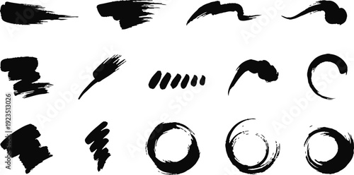 Black Ink Brush Strokes and Circles Set, Hand-Drawn Artistic Elements for Graphic Design Projects, Grunge Texture Vector Illustration.