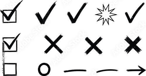 Hand-drawn check mark and cross icons set. Grunge brush stroke style vector illustration for checklist, selection, approval, and denial symbols.