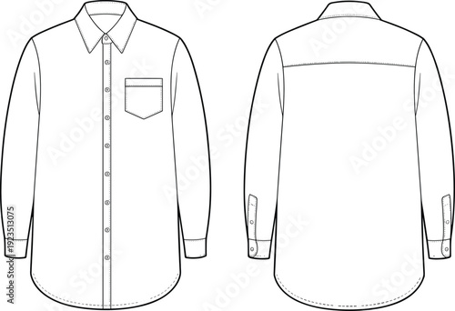 Men long sleeve shirt technical drawing, front and back view apparel outline, fashion flat sketch, tailoring details, clean vector illustration