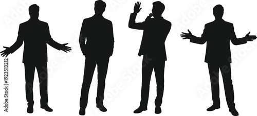 Businessman silhouette collection, professional male presenter gesturing and speaking isolated on white background corporate leadership vector illustration
