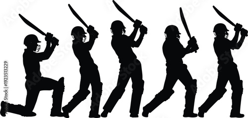 Black silhouettes of cricket players swinging bats in various poses white background