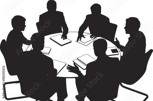 Business meeting silhouette illustration, corporate team discussion around table, leadership strategy concept, teamwork, management, planning, conference, negotiation, collaboration, vector