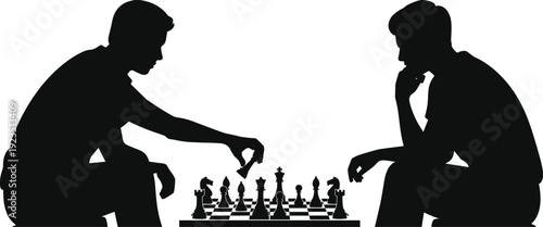 Chess players silhouette with strategic move on board, intense competition concept, black and white vector illustration