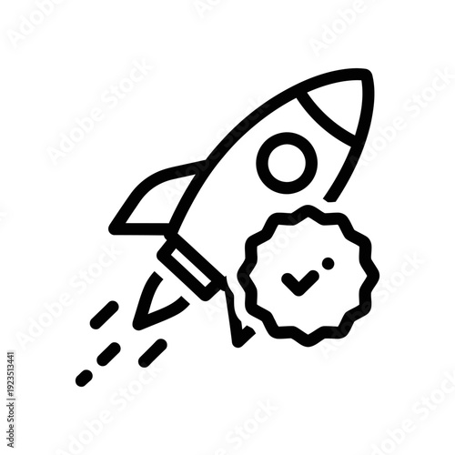Simple black and white illustration of a rocket in flight with an approved badge, symbolizing success and achievement.