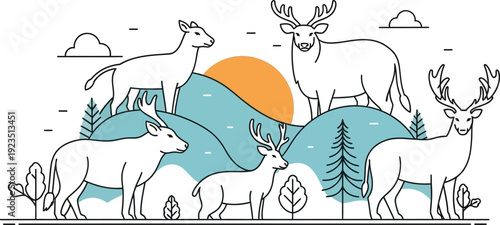 Stylized herd of white deer standing gracefully across rolling green hills beneath a large setting sun in minimalist line art design