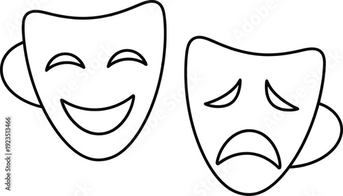 Classic theatrical comedy and tragedy masks side-by-side as transparent line art vector illustrations representing the full spectrum of human emotions in performance and life.