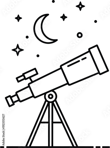 Simple line art illustration depicts a terrestrial telescope mounted on a tripod aimed toward the crescent moon and twinkling stars in the night sky