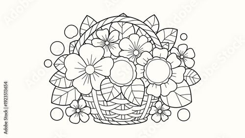 Floral basket arrangement with leaves and circles coloring page for adults and kids