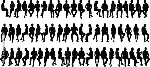 Black silhouettes of people sitting and standing in various poses white background