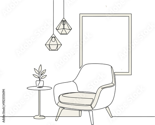 Vector design of a minimalist furniture logo using sleek line art for modern branding
Armchair table plant illustration furniture home decor art
