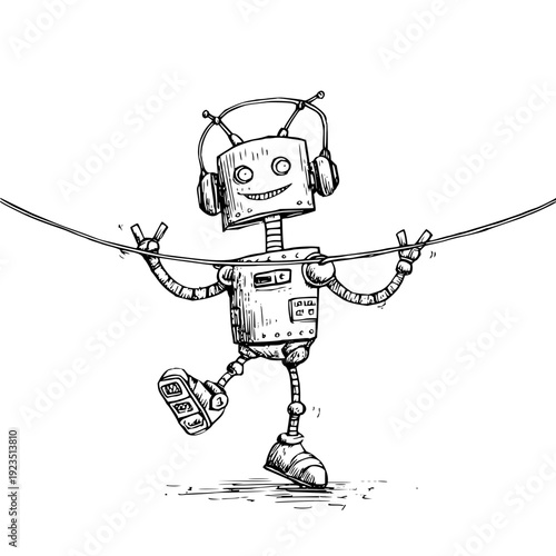Smiling robot balancing on tightrope with headphones on conveying balance and technology in a playful illustration