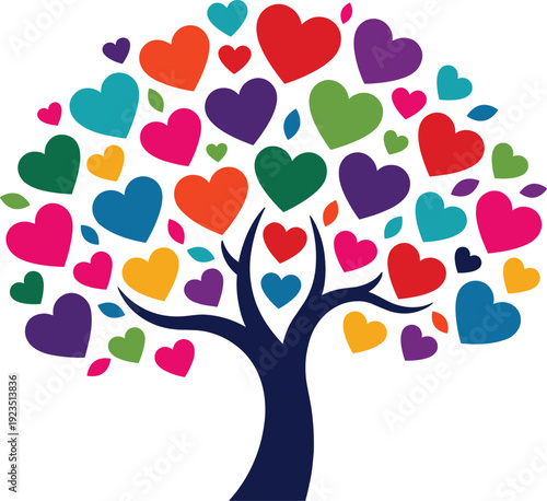 Colorful tree with hearts for leaves on white background branches