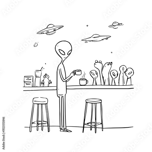 Alien enjoying coffee at counter with ufos flying outside and other aliens