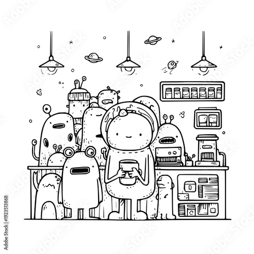 Alien robots gathered around a central figure in a futuristic control room with space themed decor