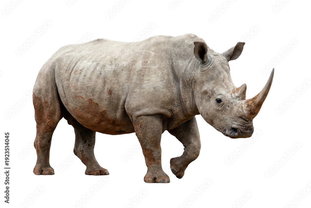 Obraz premium White rhinoceros walking isolated on a clean white background, side view of a large grey rhino with a prominent horn
