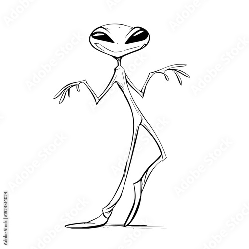 Cartoon alien character with large eyes and long limbs standing in a neutral pose on white background