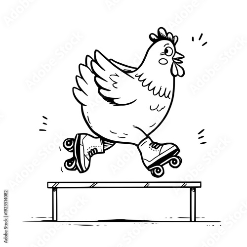Cartoon chicken wearing roller skates gliding on a table in a fun and playful black and white illustration