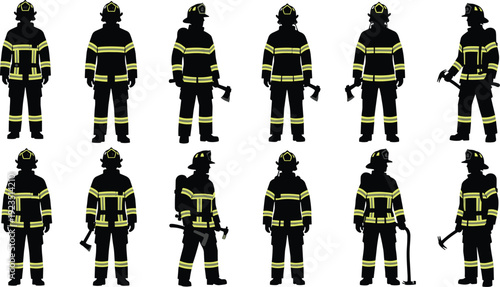 Firefighters in various poses wearing black and yellow uniforms firemen fire fighters