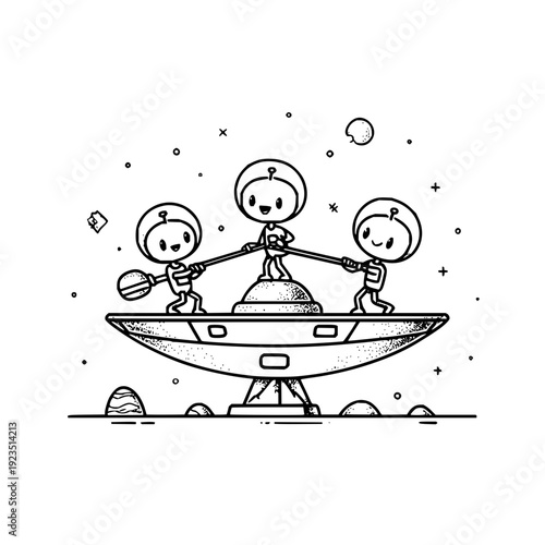 Three cartoon astronauts pulling a rope together on a spaceship in outer space with stars and planets in the background