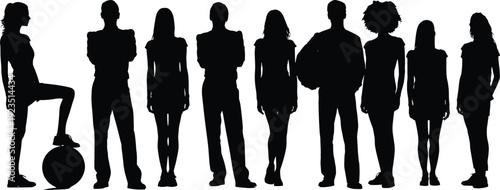 Black silhouettes of people standing in various poses white background