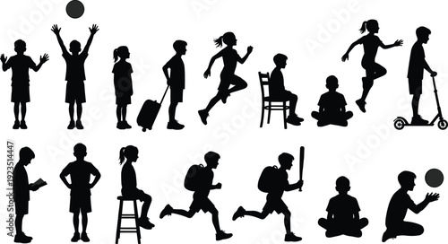 Black silhouettes of children playing and engaging in various activities on white background