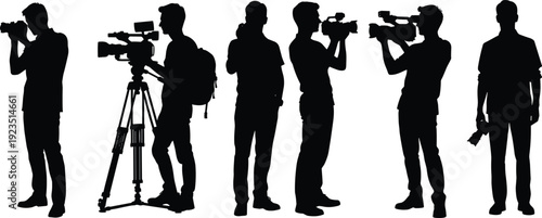 Silhouettes of people holding cameras and equipment tripod