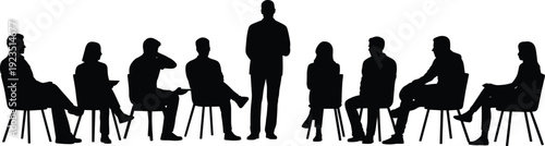 Corporate team silhouette discussion, business meeting with standing speaker leader isolated on white background professional group vector illustration