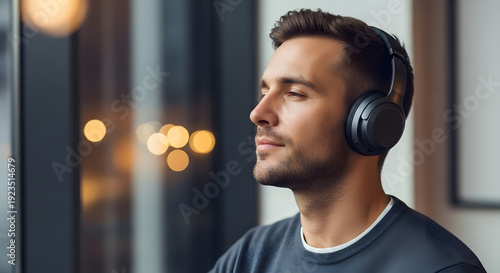 A man with eyes closed wearing modern wireless headphones while relaxing in a dimly lit room