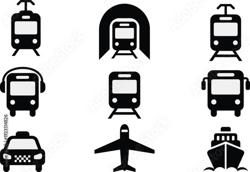 Black and white of various transportation vehicles train tram