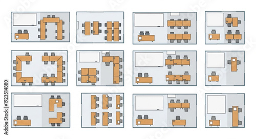 Office space layout designs showcasing various meeting room configurations for different purposes.