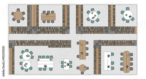Library interior with tables and chairs, surrounded by bookshelves, a study space.