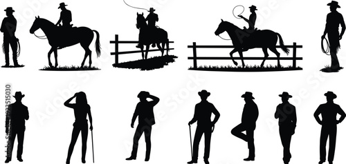 Cowboy and cowgirl silhouette collection with horse riding, western ranch scene, black vector outline illustration isolated on white background